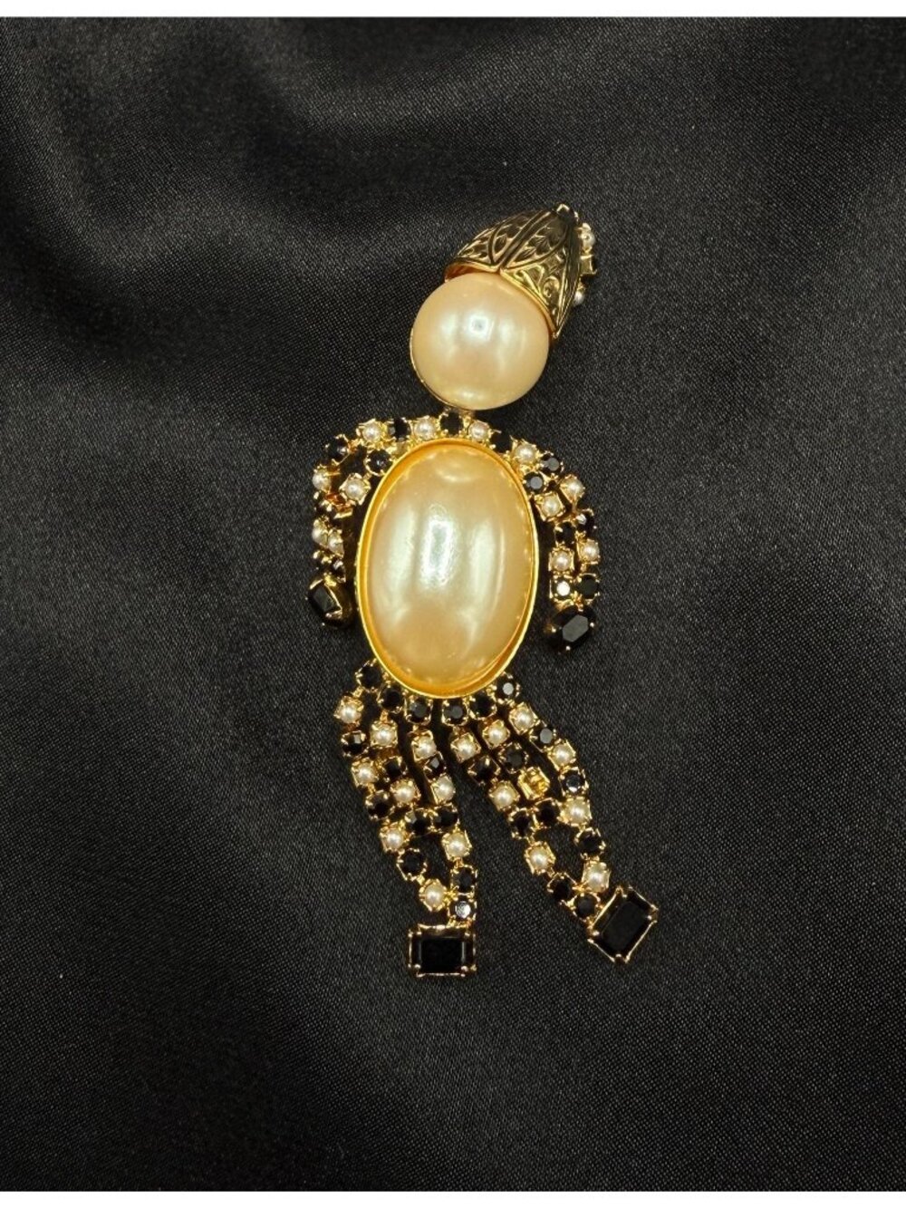 Vintage Gold-Tone Figural Brooch With Faux Pearls & Black Rhinestones